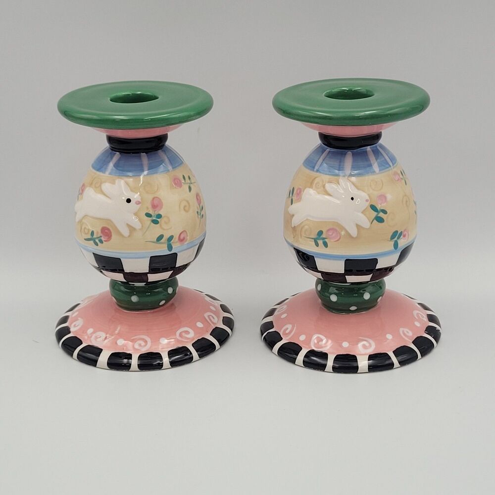 VTG Bunny Candlesticks Whimsical Colorful Checkered Cottagecore Ceramic 5.25"